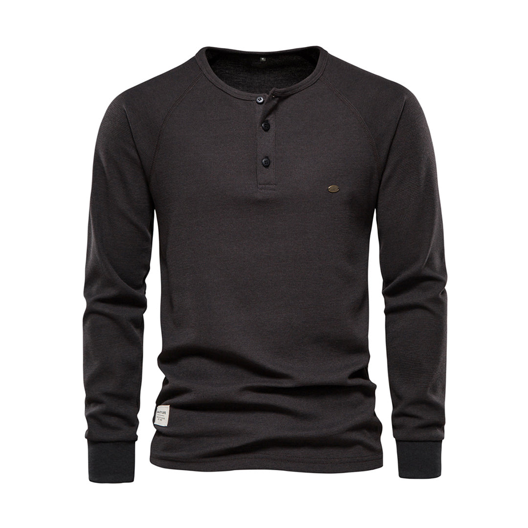 Men’s Long Sleeve Henley Shirt Waffle Texture Casual Fit
