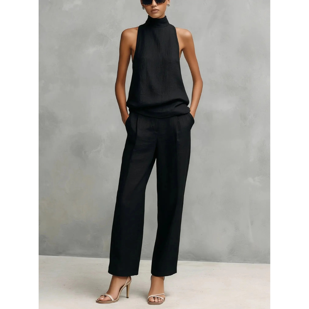Women’s Sleeveless Two-Piece Trouser Set – High Neck Summer Outfit for Holidays and Smart Casual Wear