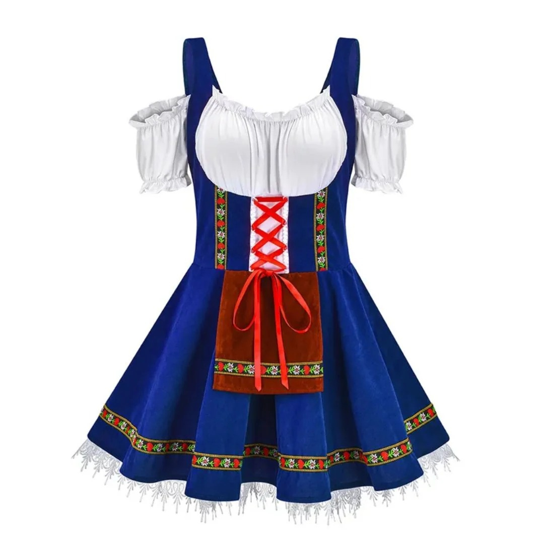 Damska ludowa sukienka dirndl – festiwalowy styl z odkrytymi ramionami i ozdobnym fartuchem z przodu