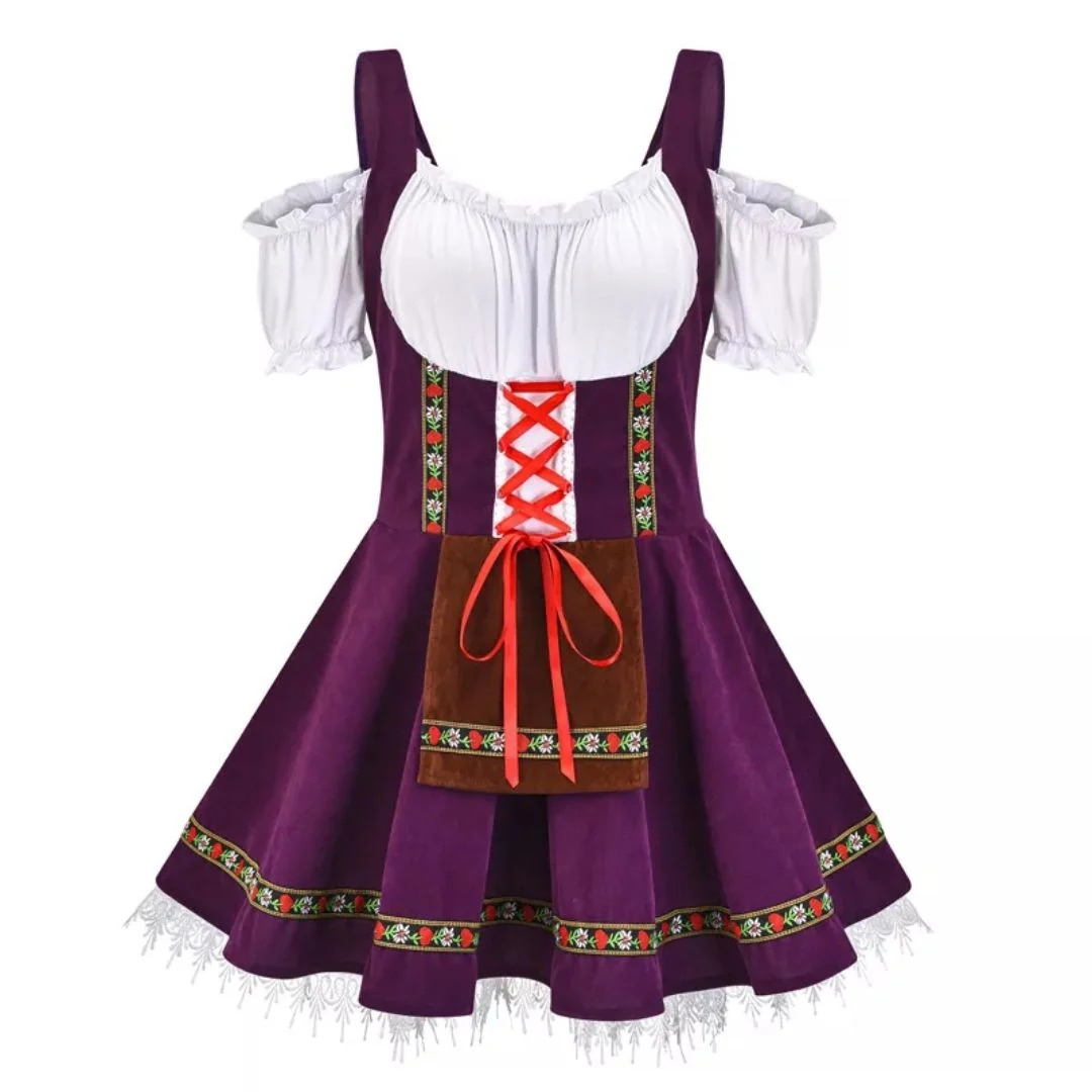 Damska ludowa sukienka dirndl – festiwalowy styl z odkrytymi ramionami i ozdobnym fartuchem z przodu