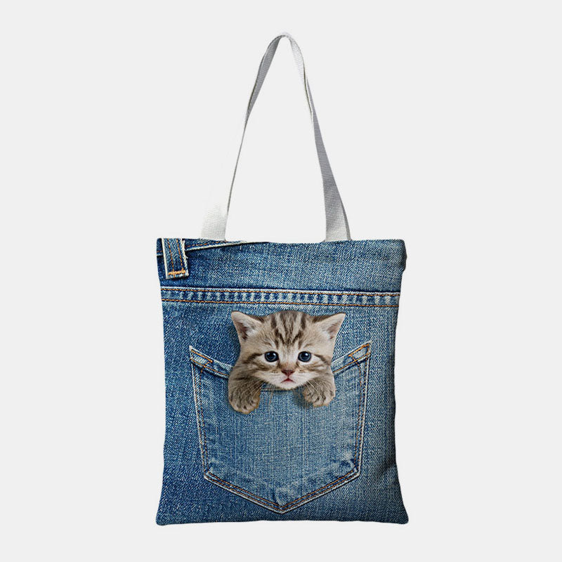 Bolso tote de lona para mujer – Bolsa de hombro de gran capacidad con estampado divertido de mascotas en el bolsillo
