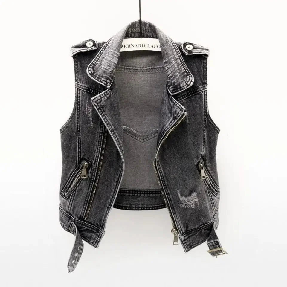 Gilet de motard en denim de coton pour homme – couche sans manches effet usé avec fermeture éclair asymétrique et ceinture réglable