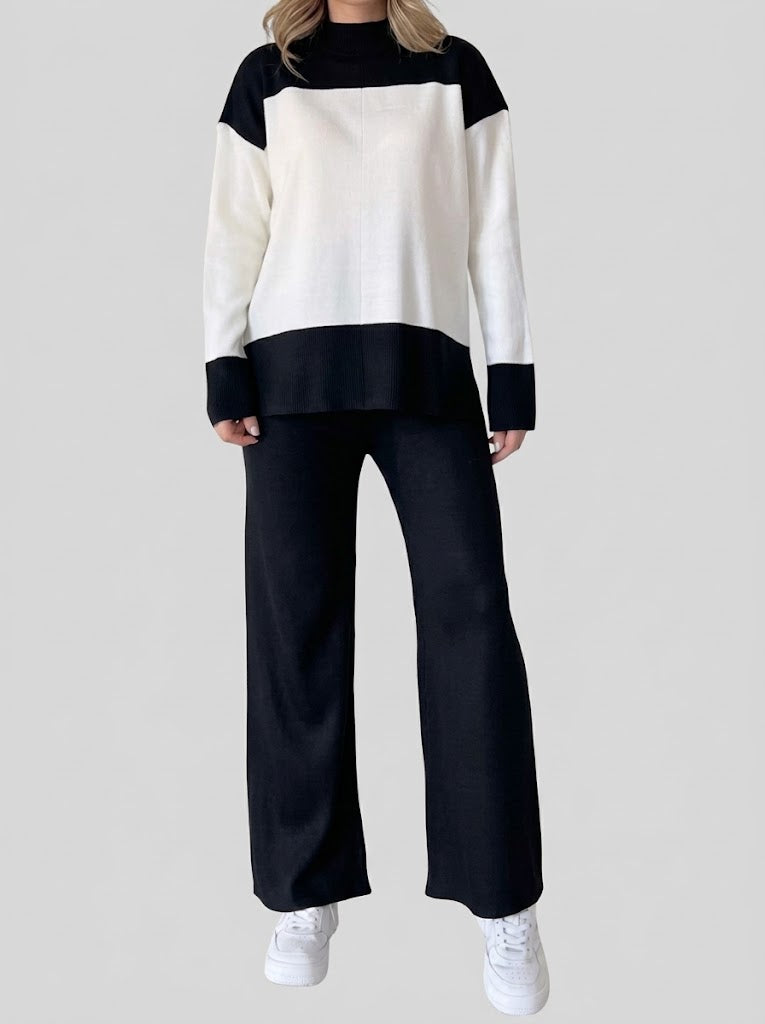 Damen-Strick-Zweiteiler im Colour-Block-Design – Langarmtop mit Stehkragen und Hose mit weitem Bein für legere Looks