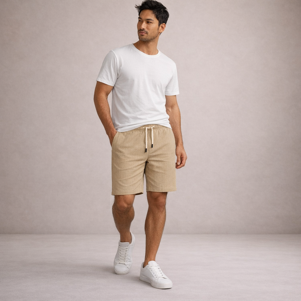 Pantaloni scurți de vară pentru bărbați din in, cu șnur, croială casual și lejeră