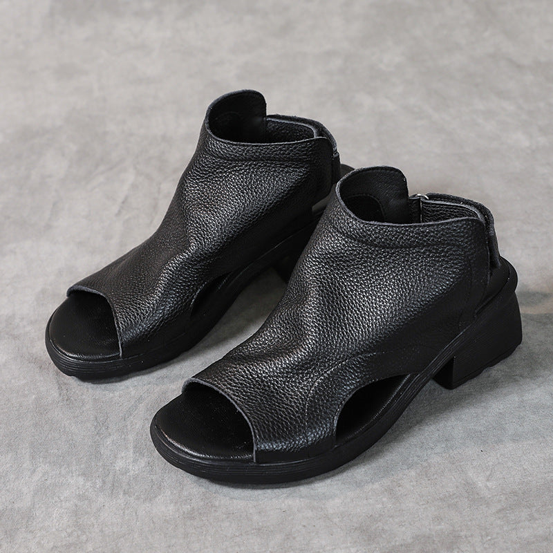 Sandali da donna in vera pelle con punta aperta - Scarpe con cinturino posteriore, intagli e tacco largo per look casual di tutti i giorni