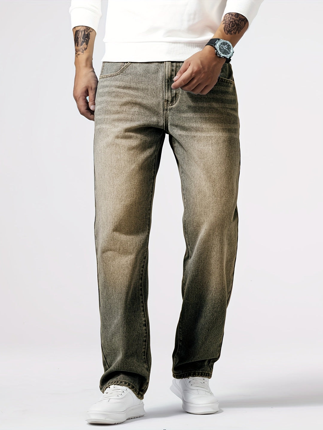 Jeans da uomo in denim, gamba dritta, lavaggio blu, vestibilità quotidiana