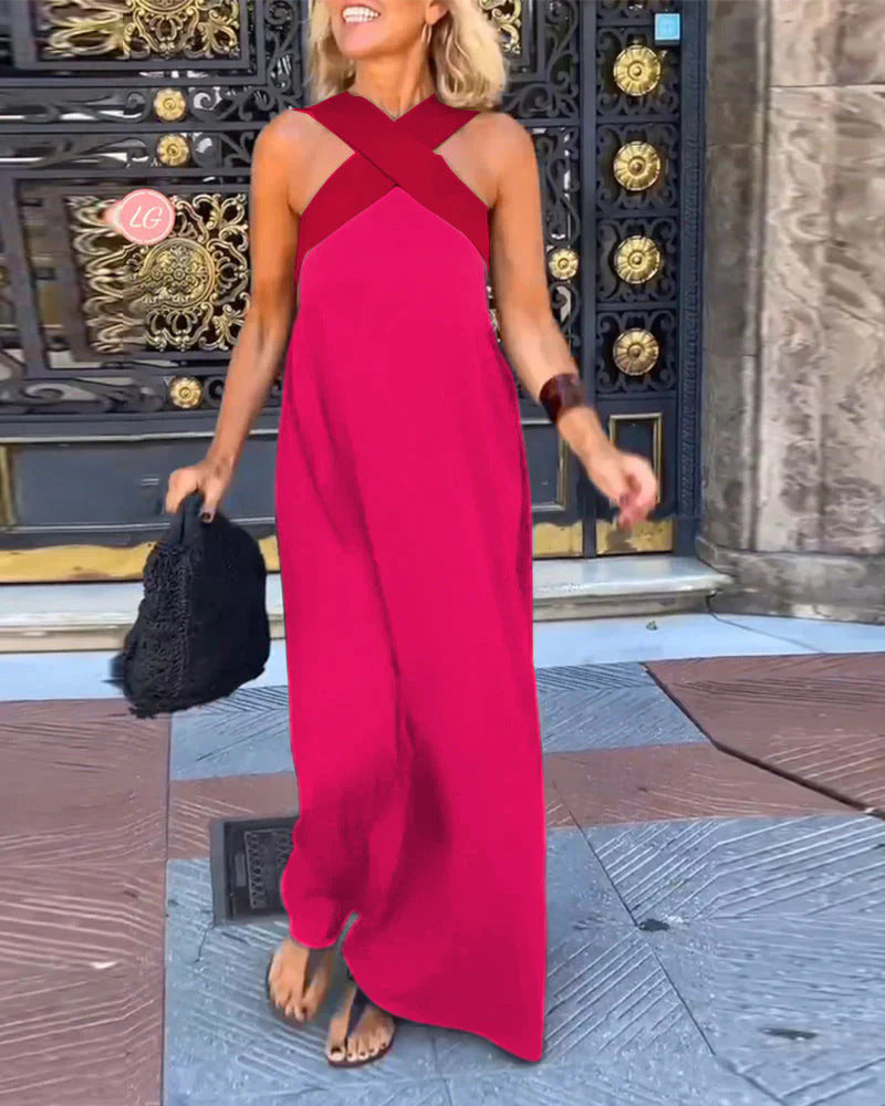 Abito lungo da donna incrociato con scollo all'americana e silhouette fluente