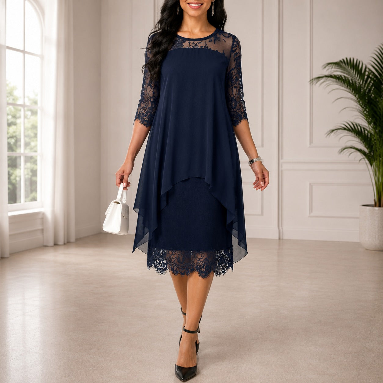 Women’s Chiffon Midi Dress – Layered Lace Evening Style for Celebrations and Events