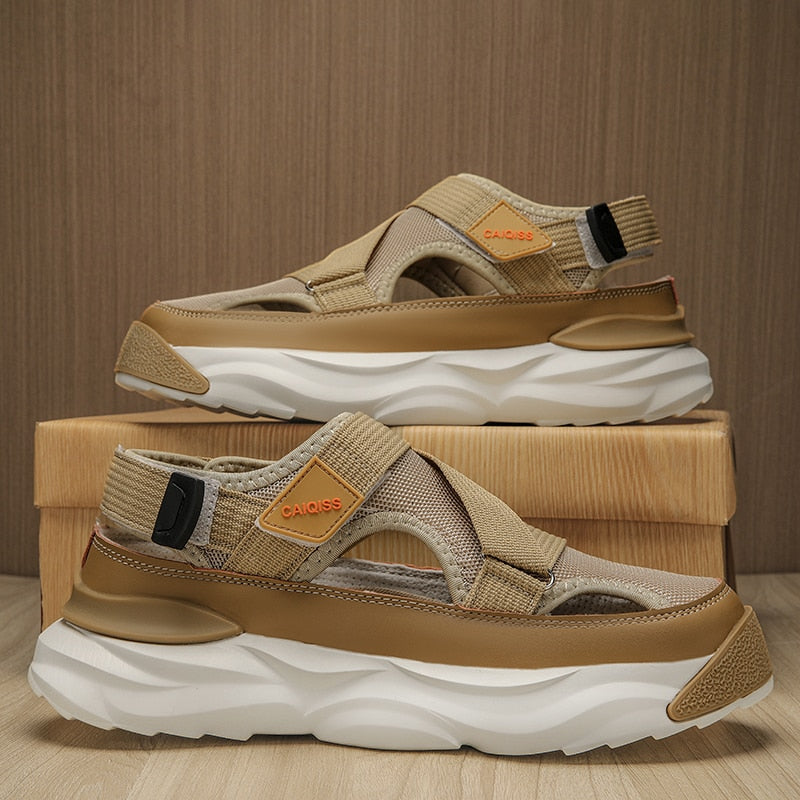 Men’s Closed-Toe Sport Sandals – Adjustable Cross-Strap Design with Mesh Panels and Chunky Sole
