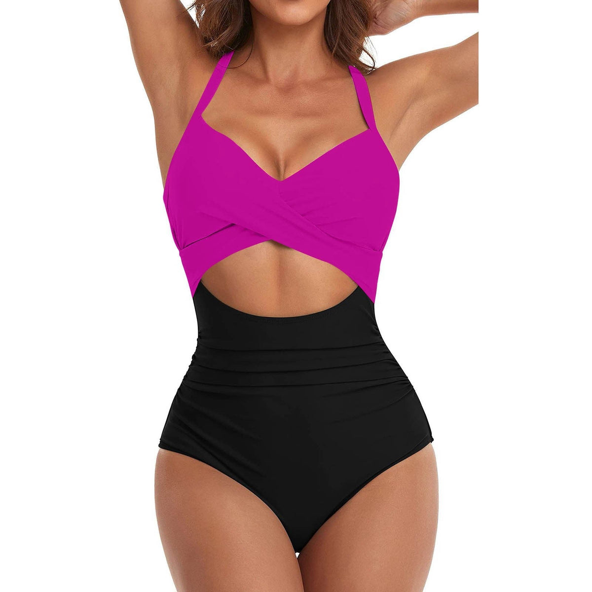 Traje de baño de mujer con abertura delantera retorcida y cintura fruncida – Bañador de una pieza con cuello halter para vacaciones en la playa