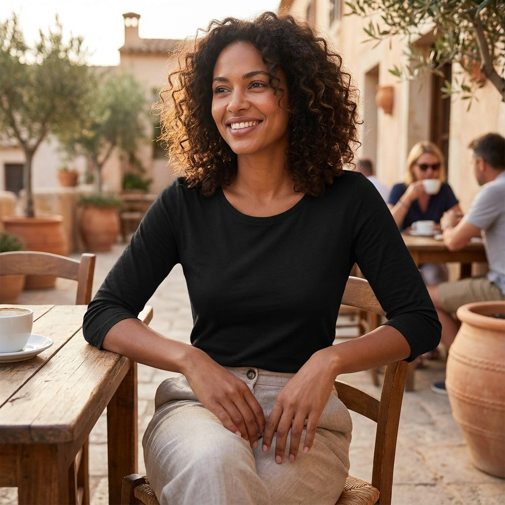 Camicia casual da donna con scollo rotondo ampio e maniche a tre quarti