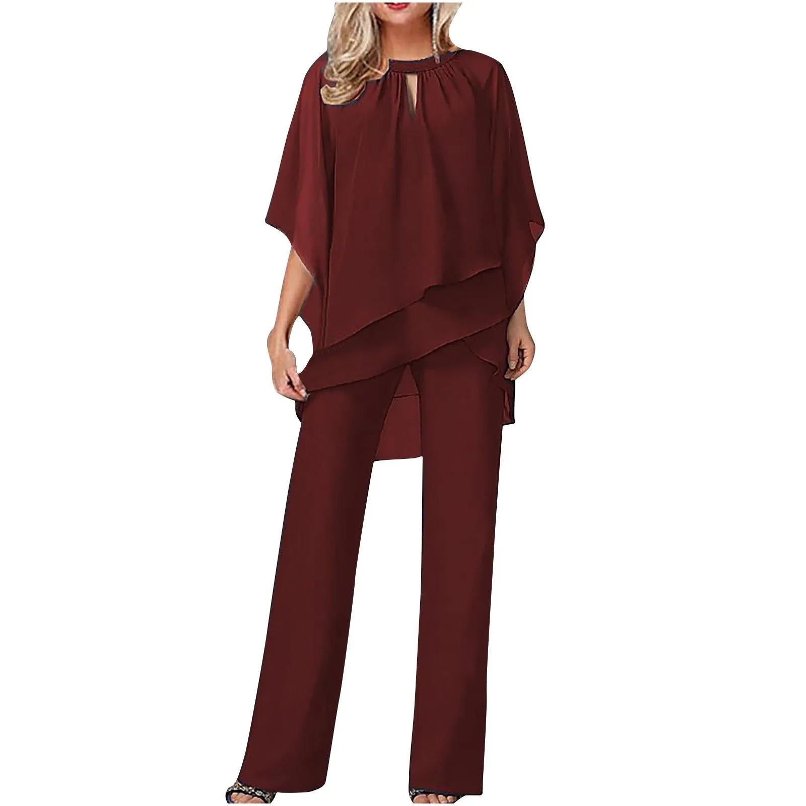 Completo pantaloni formale da donna in chiffon con maniche a pipistrello