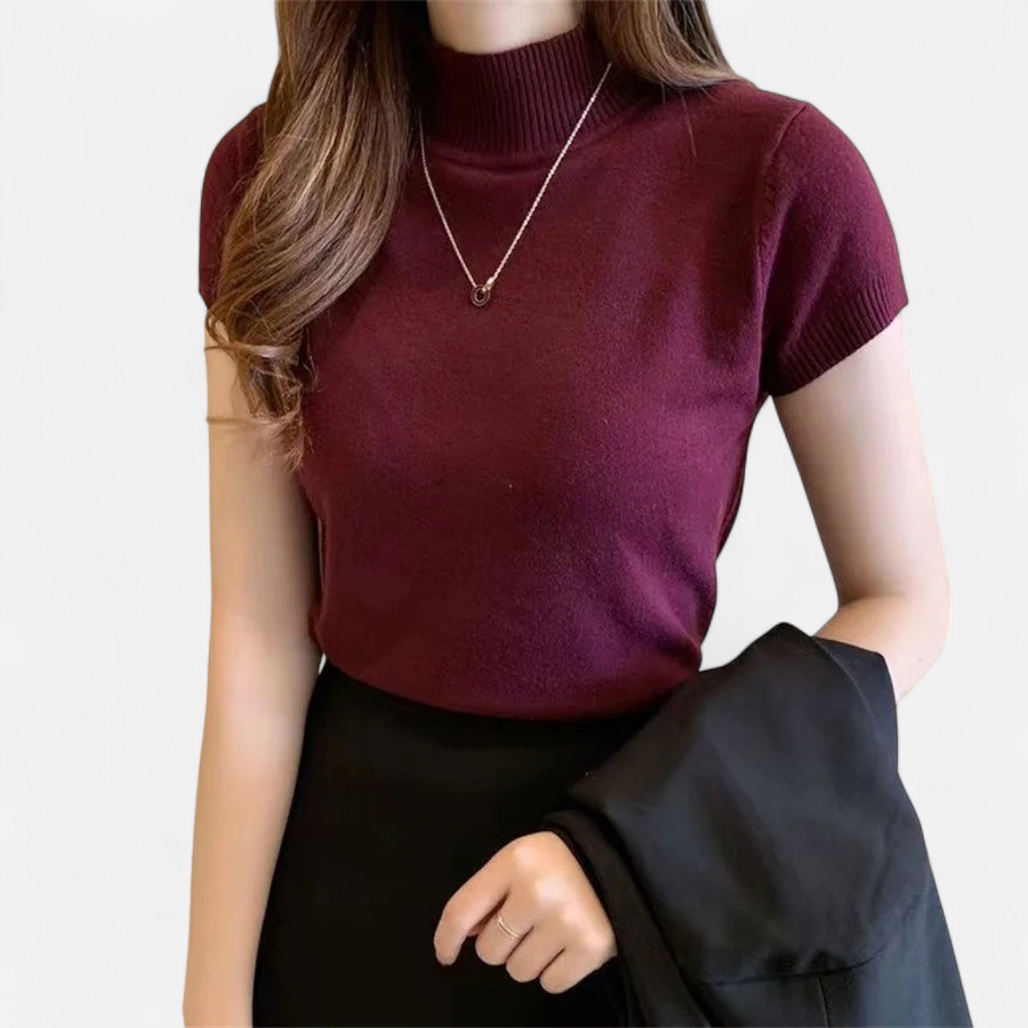 Valmonti | Women’s Knitted Blouse – Short-Sleeve Turtleneck Elegance