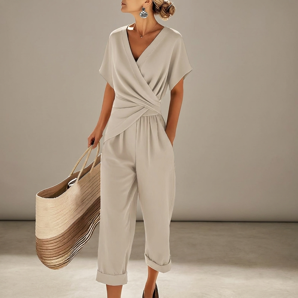 Women’s Draped V Neck Jumpsuit Relaxed Summer Outfit