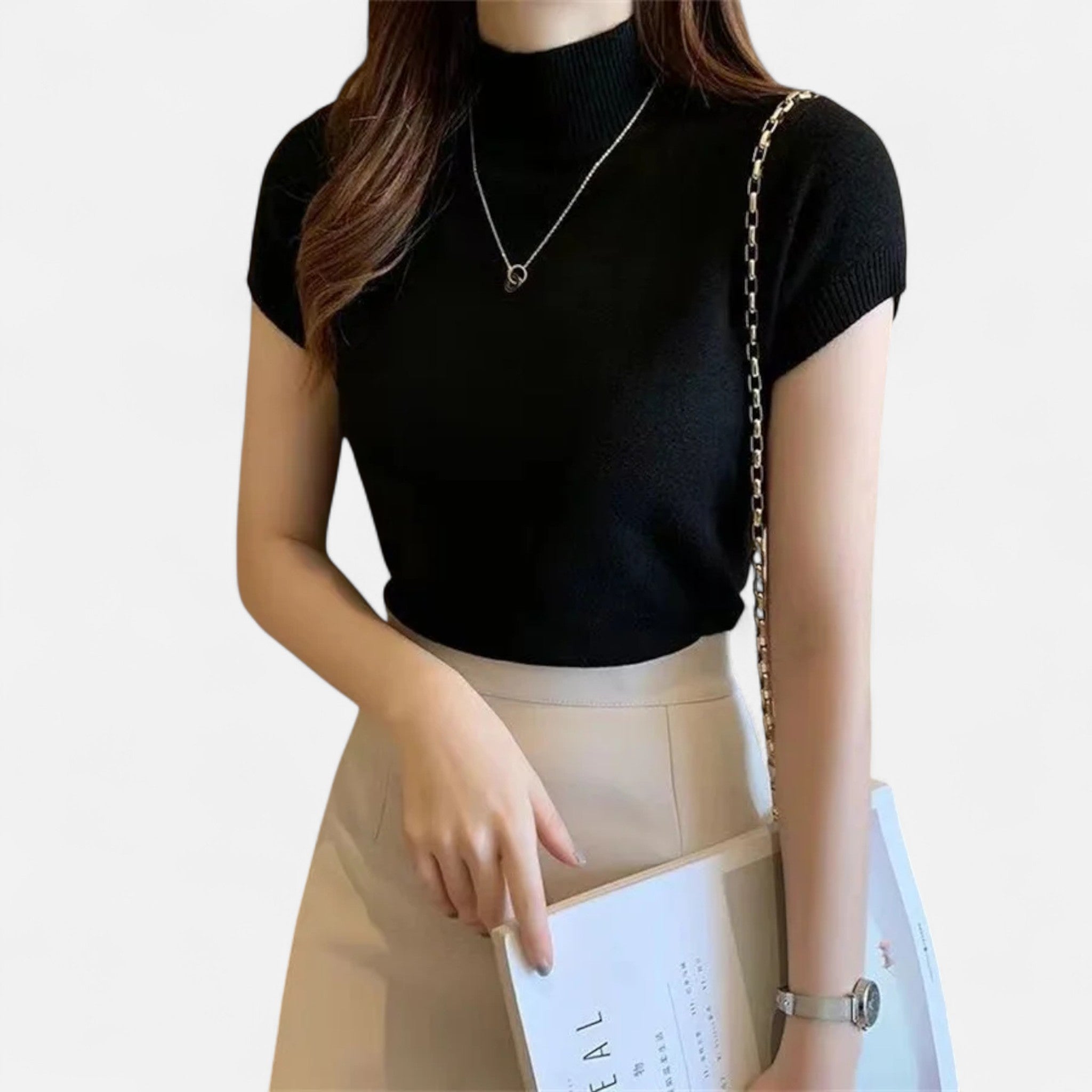 Valmonti | Women’s Knitted Blouse – Short-Sleeve Turtleneck Elegance