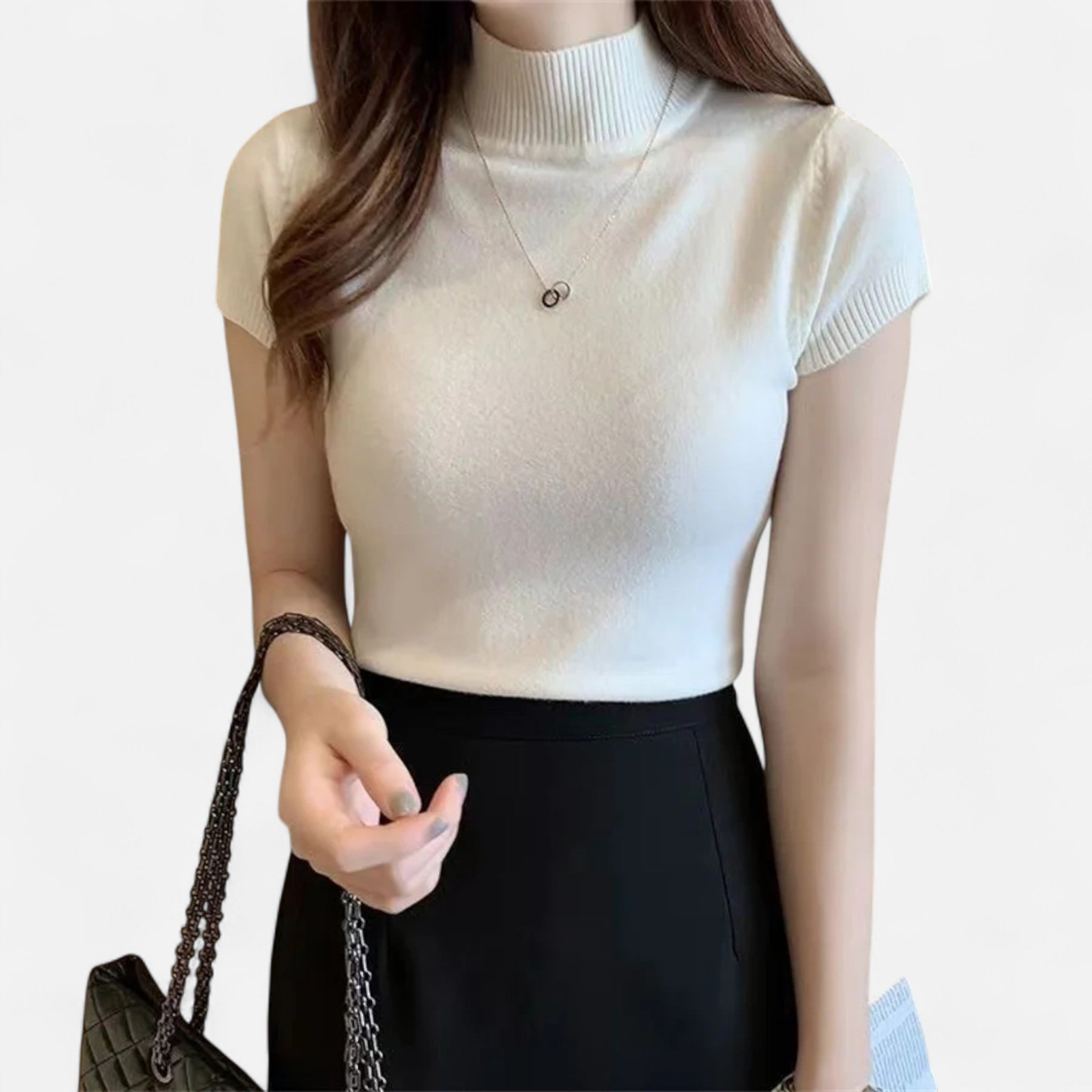 Valmonti | Women’s Knitted Blouse – Short-Sleeve Turtleneck Elegance