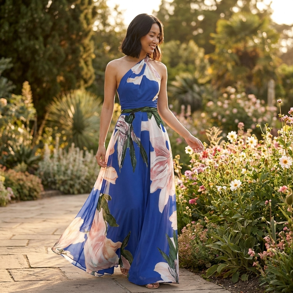 Vestido largo de mujer con estampado, estilo halter asimétrico para ocasiones especiales