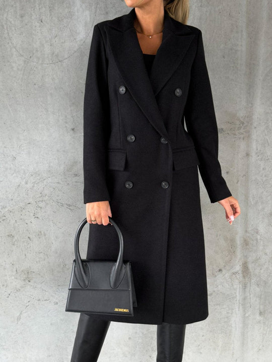 Women’s Double-Breasted Long Winter Coat – Tailored Lapel Layer for Elegant Cold-Weather Wear