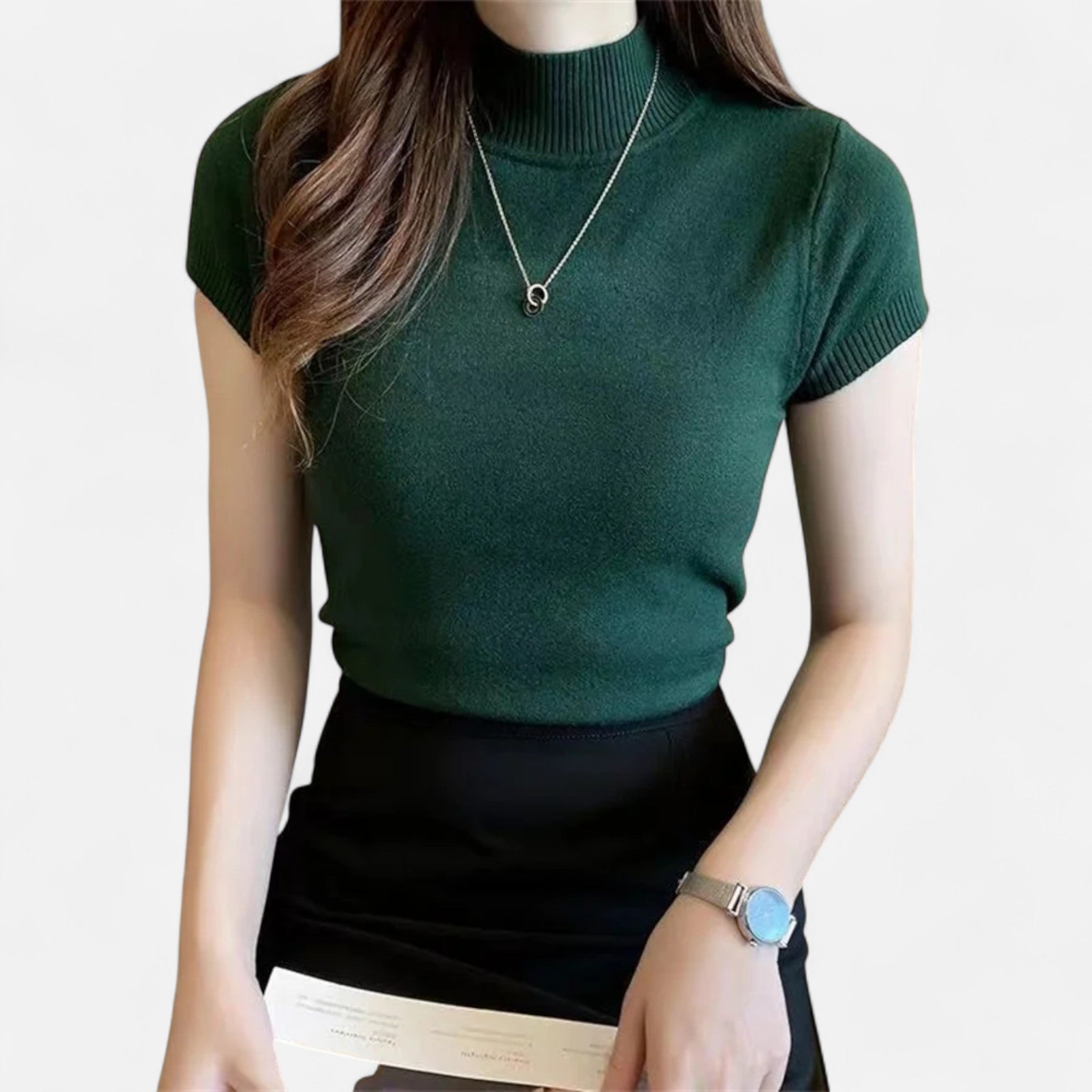 Valmonti | Women’s Knitted Blouse – Short-Sleeve Turtleneck Elegance