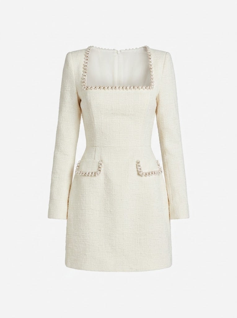 Women’s Tweed Mini Dress – Pearl-Trimmed Long-Sleeve Style for Cocktail Events and Dinners
