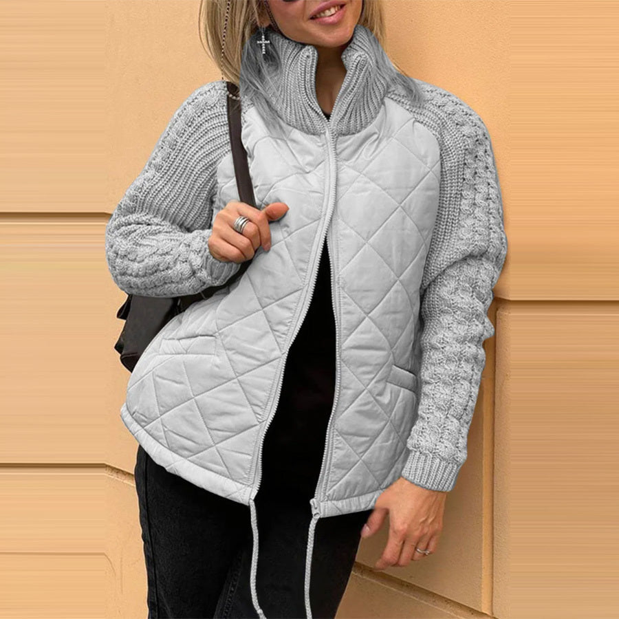 Veste d’hiver matelassée pour femme à manches en maille - couche courte zippée à col montant pour une tenue décontractée au quotidien par temps froid