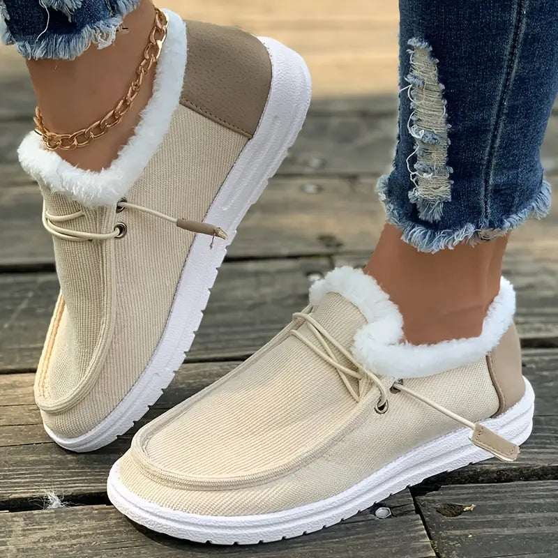 Damskie zimowe mokasyny z pluszową podszewką - ciepłe sznurowane buty typu moccasin z amortyzowaną podeszwą na podróże, weekendowe wyjścia, niezobowiązujące miejskie stylizacje i codzienne stylizacje na chłodne dni