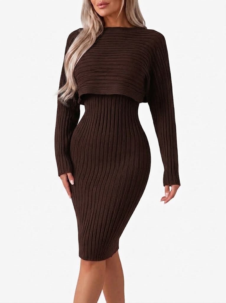 Dames ribgebreide midi-rok co-ordset - cropped, losvallende top met lange mouwen en aansluitende rok voor werk en in de stad