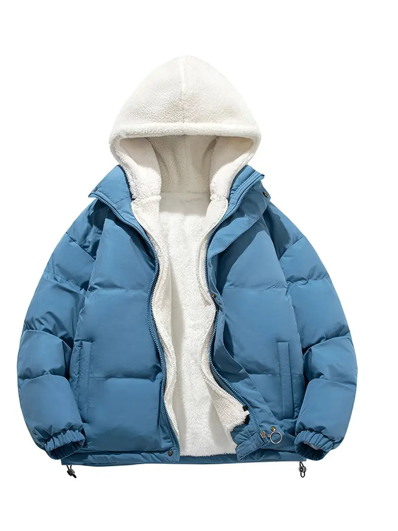 Women’s Sherpa-Lined Puffer Jacket – Cosy Hooded Winter Outerwear with Zip Front and Adjustable Hem
