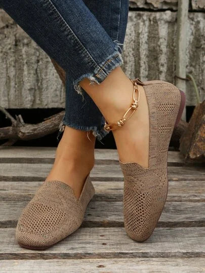 Gestrickte Loafer-Ballerinas für Damen mit eckiger Spitze – Schlupfschuhe mit Lochmuster für den gepflegten Freizeitlook
