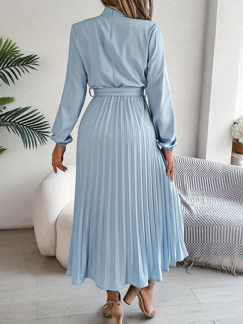 Women’s Pleated Midi Dress with High Neck Tie Waist