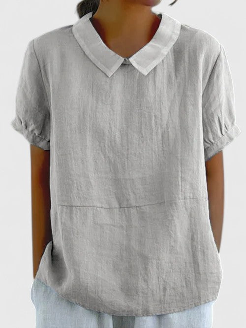 Afslappet bluse med korte ærmer til kvinder – casual pullover-top med krave og tekstureret stof til forår og sommer