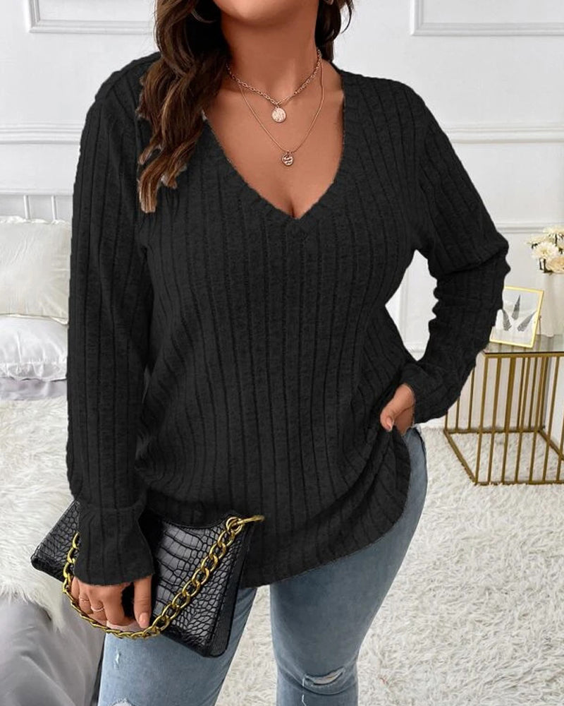 Women’s Solid Colour V Neck Long Sleeve Jumper with Soft Cotton Blend and Casual Everyday Comfortable Fit