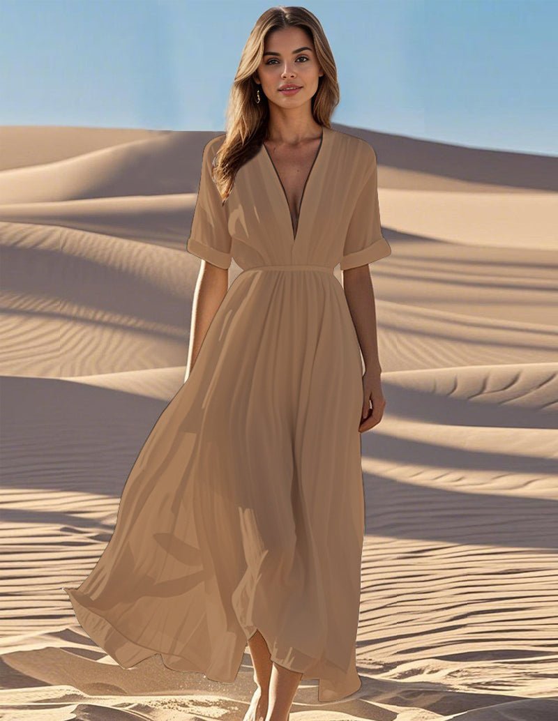 Robe longue pour femme à manches drapées avec décolleté plongeant