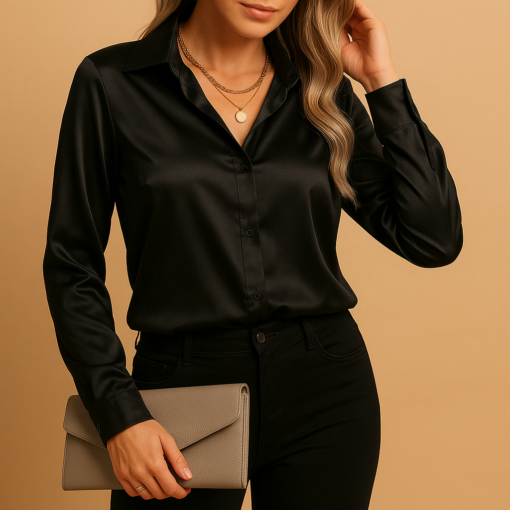 Women’s Satin-Finish Long-Sleeve Blouse – Classic Collared Button-Front Shirt for Office Business Meetings Dinners Evening Events Travel and Elegant Everyday Styling