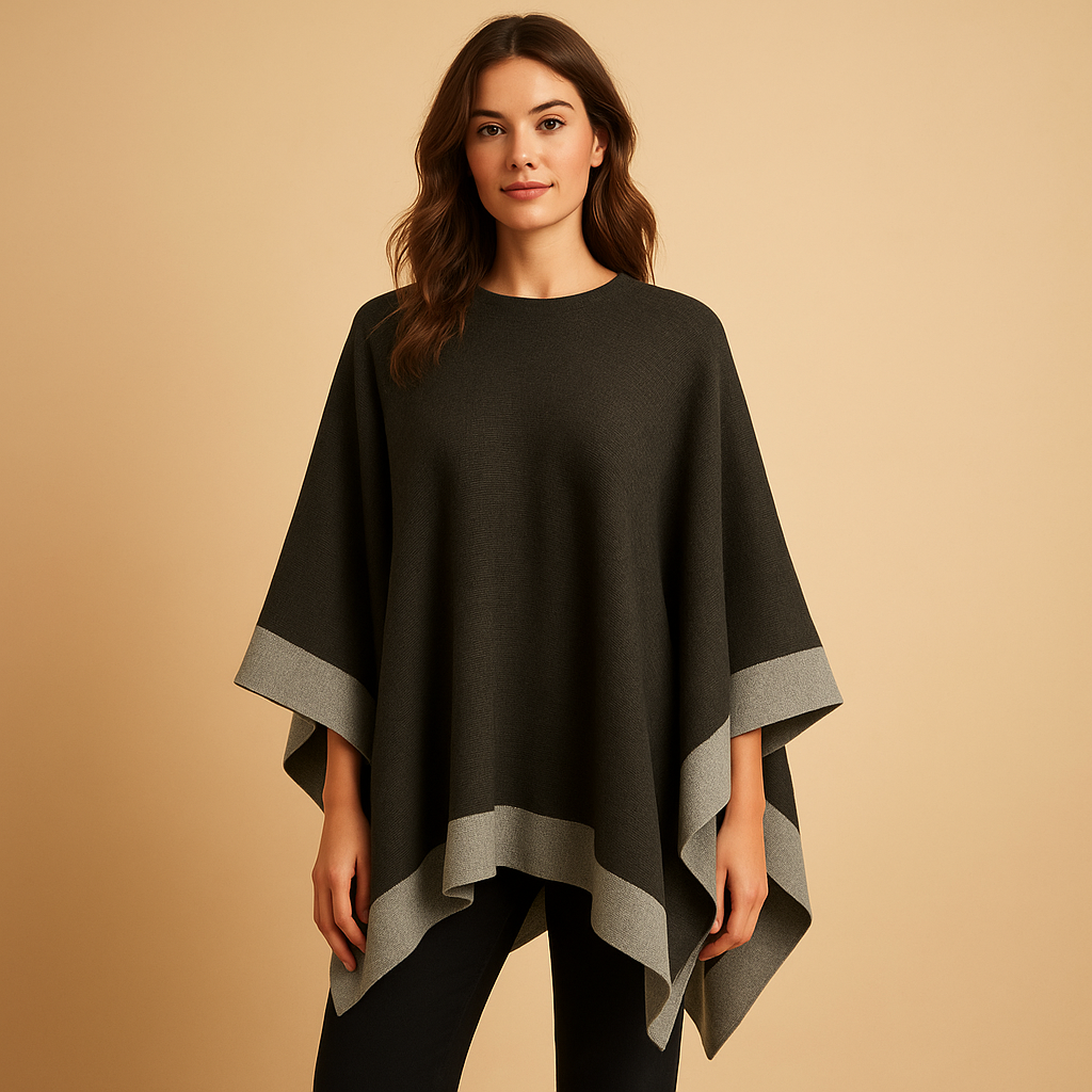 Women’s Knitted Poncho with Contrast Border and Open Sides – Relaxed Round-Neck Layer with Draped Hem for Autumn and Winter Outfits