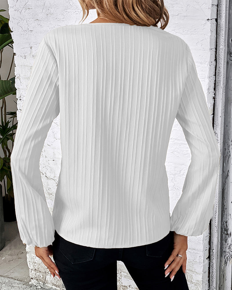 Top elegante da donna a maniche lunghe con scollo a V e maniche a palloncino, colore uniforme, per ufficio, casual e uso quotidiano