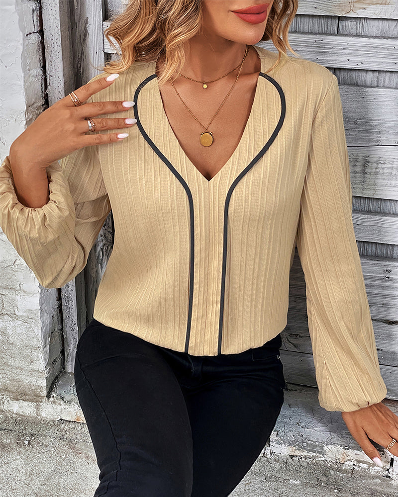 Top elegante da donna a maniche lunghe con scollo a V e maniche a palloncino, colore uniforme, per ufficio, casual e uso quotidiano