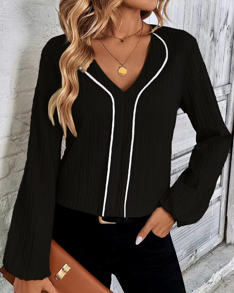 Top elegante da donna a maniche lunghe con scollo a V e maniche a palloncino, colore uniforme, per ufficio, casual e uso quotidiano