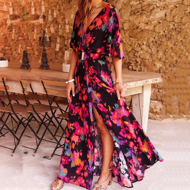 Vestito Lungo da Donna con Incrocio – Elegante, Confortevole, Stile, Vestito Midi a Strati per Tutte le Stagioni