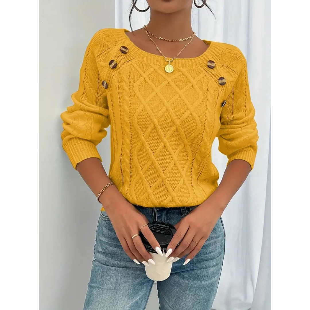 Women’s Cable Knit Sweater – Button Detail Long-Sleeve Style for Autumn and Winter Wear