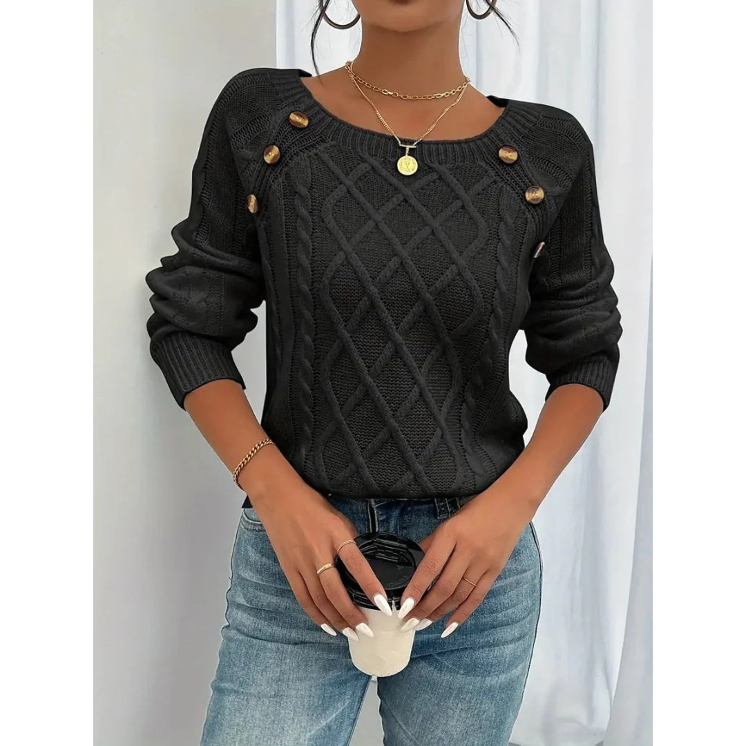 Women’s Cable Knit Sweater – Button Detail Long-Sleeve Style for Autumn and Winter Wear