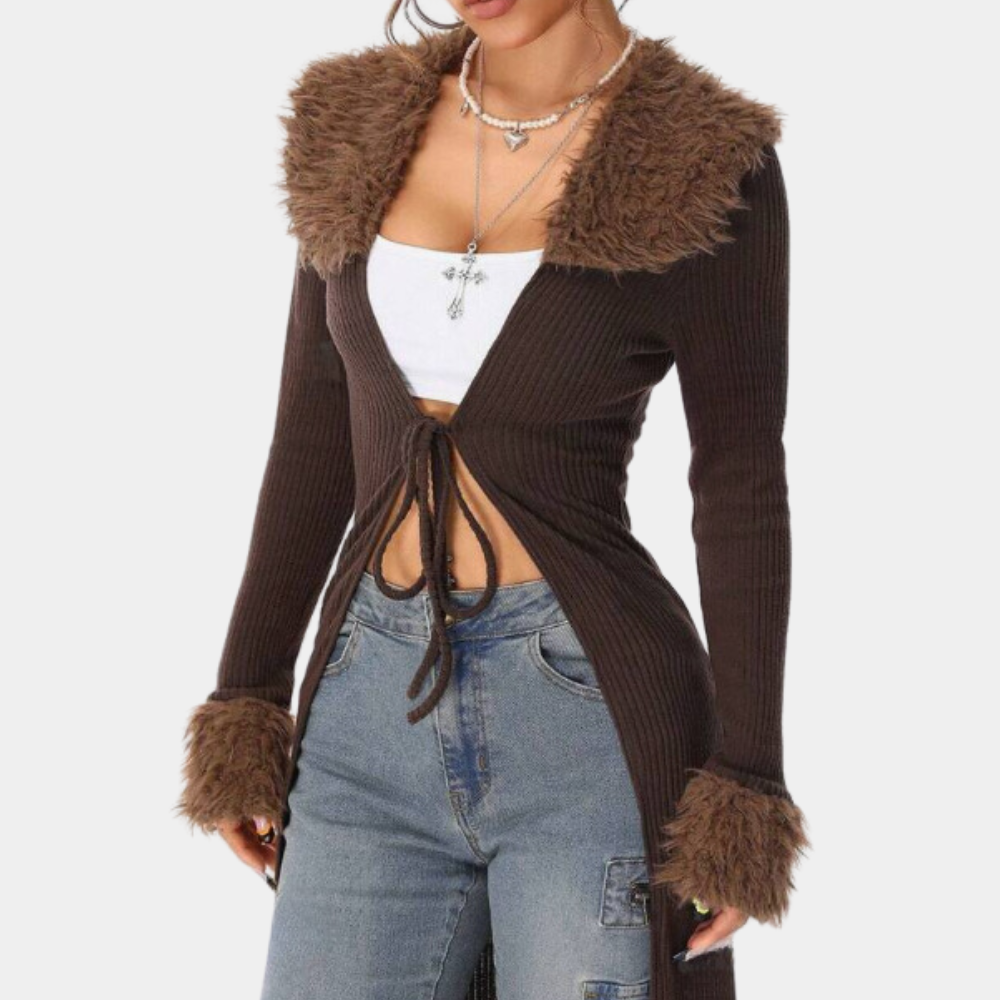 Langer Strick-Cardigan für Damen mit Kunstfellbesatz – Figurnahes Statement-Teil für Herbst- und Winterabende sowie den Alltag
