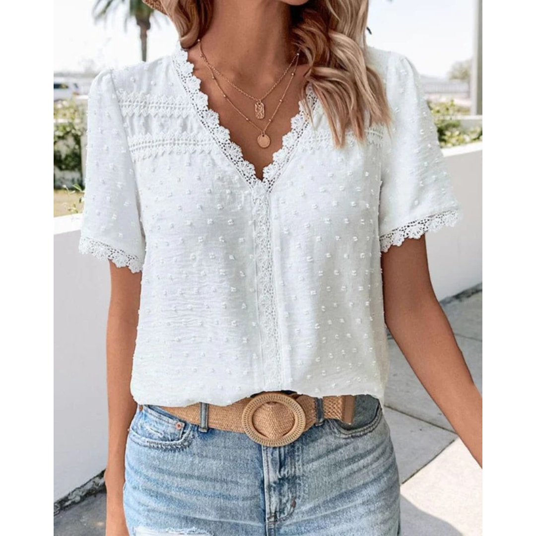 Women’s Textured Lace Blouse – V-Neck Short-Sleeve Summer Top for Holidays and Everyday Wear