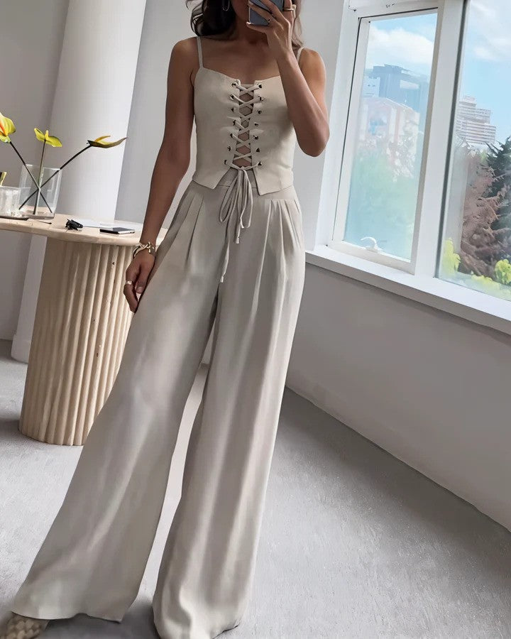 Compleu de damă din două piese, cu top tip corset și pantaloni largi – stil croit fără mâneci, cu șireturi, pentru evenimente de vară, ținute smart casual și ocazii de seară