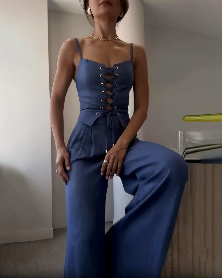 Compleu de damă din două piese, cu top tip corset și pantaloni largi – stil croit fără mâneci, cu șireturi, pentru evenimente de vară, ținute smart casual și ocazii de seară