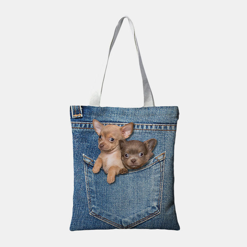 Bolso tote de lona para mujer – Bolsa de hombro de gran capacidad con estampado divertido de mascotas en el bolsillo