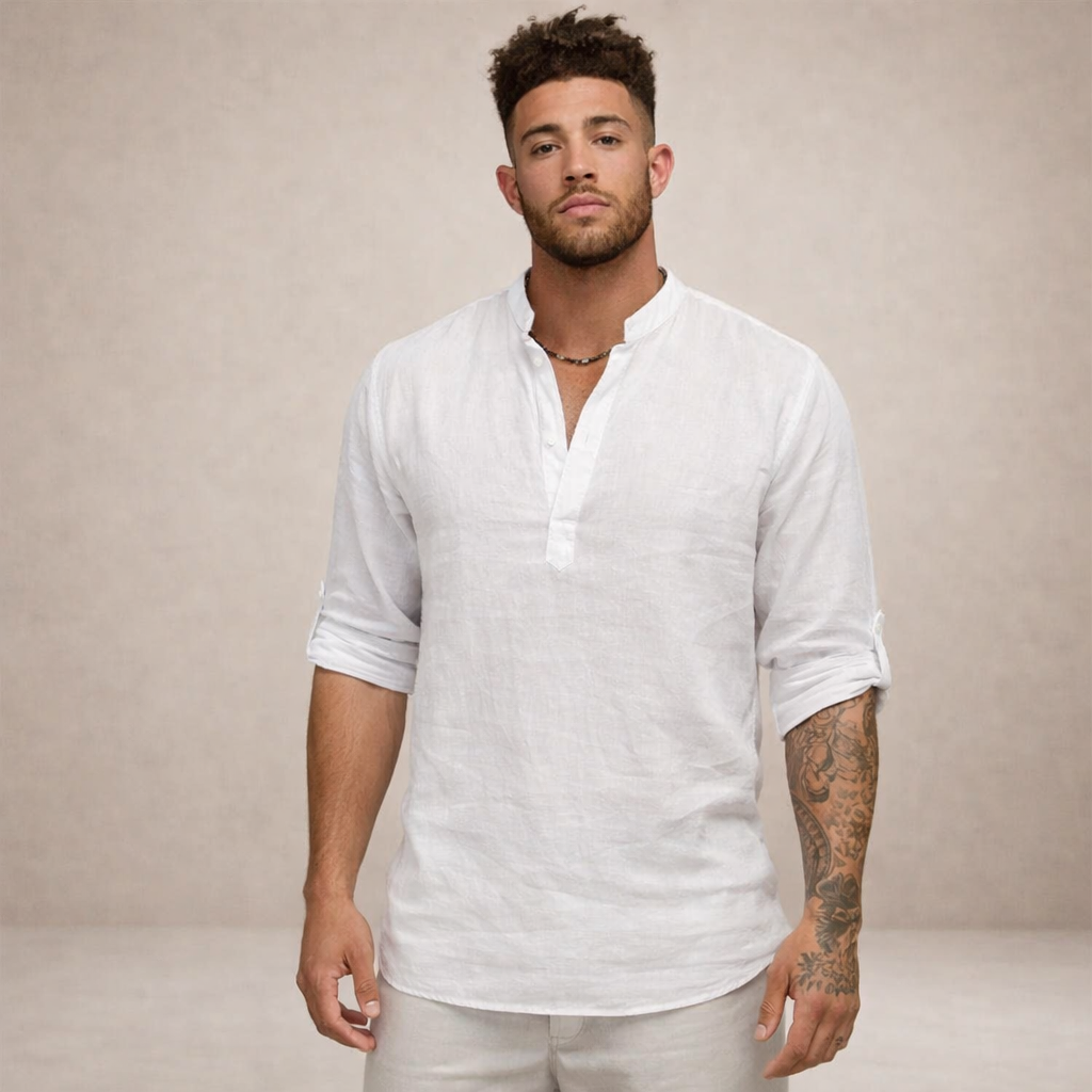 Camicia da uomo in lino con abbottonatura aperta, maniche arrotolate, vestibilità resort