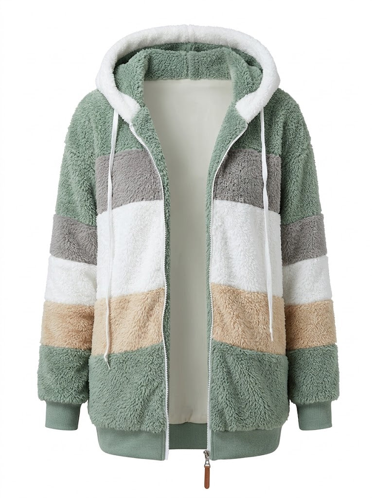 Veste à capuche pour femme en polaire teddy bicolore – couche chaude zippée pour l’hiver