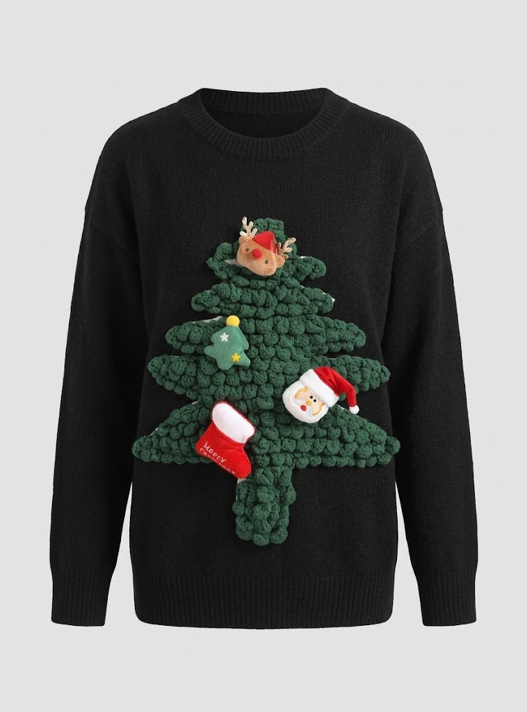 Women’s 3D Christmas Tree Knit Sweater – Festive Crew-Neck Pullover with Textured Appliqué