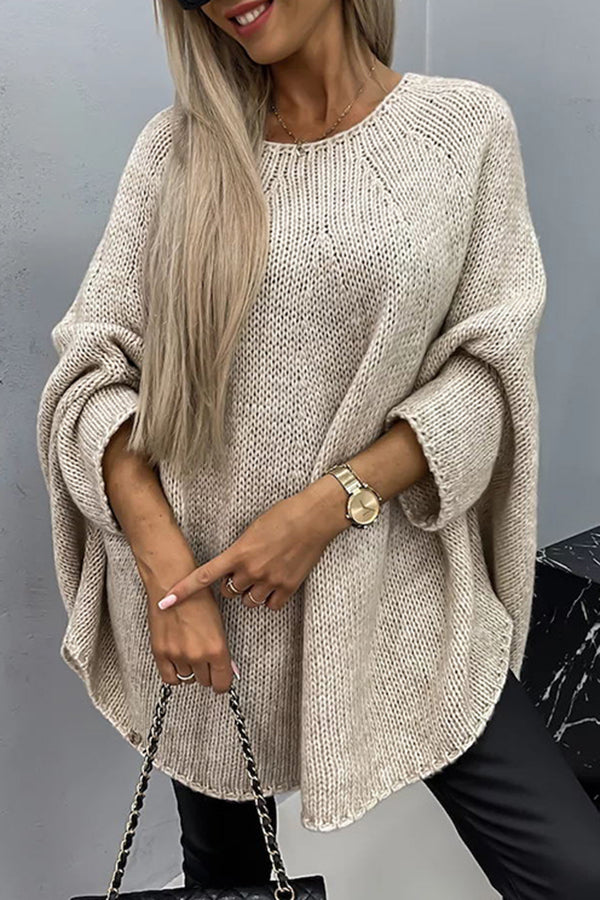 Women’s Draped Knit Poncho – Relaxed Round-Neck Sweater for Smart Casual Layering